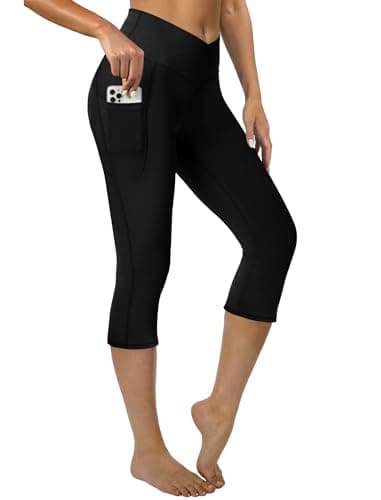 DLOODA Capri Leggings for Women Crossover High Waisted Yoga Pants Workout Leggings with Pockets Black M - Image 1
