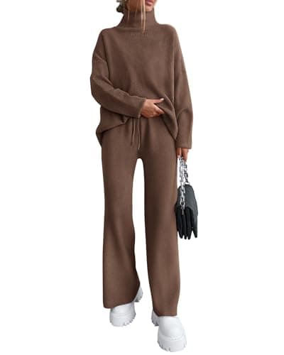 dowerme Women Spring 2 Piece Outfits 2026 Winter High Neck Sweater Sets Drawstring Wide Leg Pant Chunky Knit Lounge Set(Brown,Small) - Image 1