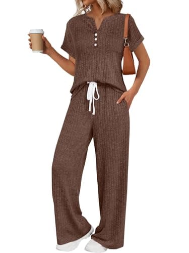 LILLUSORY Women 2 Two Piece Matching Lounge Sets 2026 Spring Summer Beach Vacation Clothes Pajamas Top Wide Leg Pants Sweat Suits Airport Travel Outfits Casual Sweatsuit Fashion Loungewear - Image 1