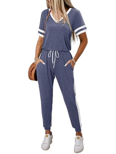 Magritta Women's Navy Blue Tracksuit Set Elegant V Neck Short Sleeve Tops & Drawstring Waist Joggers 2026 Lightweight Loose Casual LoungeWear M - Thumbnail 2