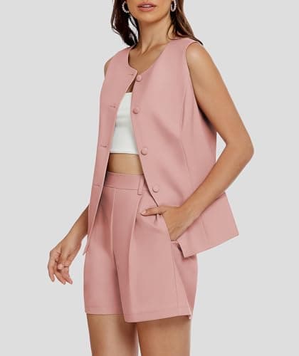 Casly Lamiit 2 Piece Outfits for Women Summer Casual Short Sets 2025 Round Neck Vest Ladies Business Suiting Work Matching Attire Pink XS - Thumbnail 2