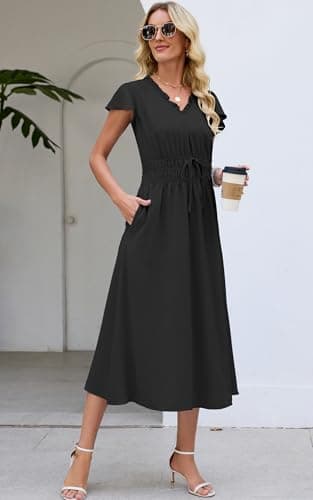 Womens Summer Midi Dresses Casual V Neck Cap Sleeve Empire Waist Elegant 2026 Flowy Solid Long Dress with Pockets B L Black - Thumbnail 2