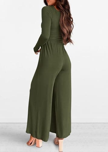 KIRUNDO Long Sleeve Jumpsuit for Women 2026 Spring Outfits Summer One Piece Square Neck Wide Leg Pants Romper With Pockets(Army Green, X-Small) - Thumbnail 2