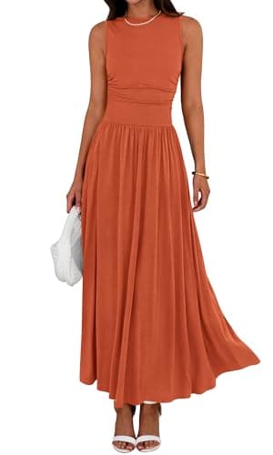 BTFBM Summer Maxi Dresses for Women 2026 Spring Sleeveless Casual Ruched High Waisted Long Sundress Flowy Beach Dress(Orange, X-Large) - Image 1