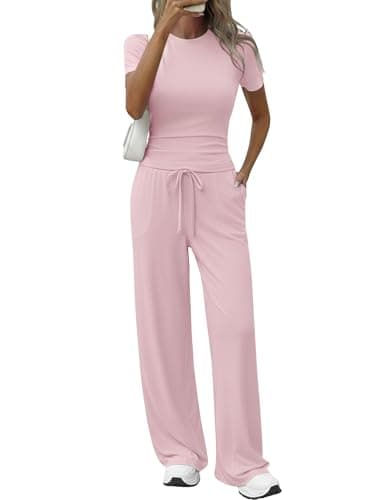 Flevita Womens 2 Pcs Sets Summer Travel Outfits T-shirts and 31" Wide Leg Pants Comfortable Airport Lounge Wear Set with Pockets Pink S - Image 1