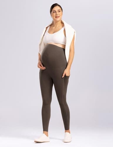 Enerful Women's Maternity Leggings Over The Belly with Pockets Pregnancy Pants Active Wear Workout Yoga Tights，Black Coffee Small - Thumbnail 6