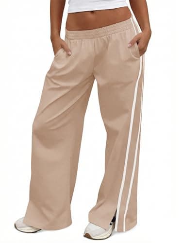 Fisoew Womens Wide Leg Pants Casual Baggy Elastic Waist Side Slit Contrast Stitch Loose Workout Sweat Pants with Pockets Khaki - Image 1