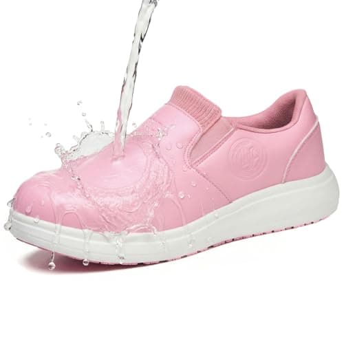 LANSNBO Non-Slip Waterproof Shoes for Women Wide Width, Slip-On Work Walking Sneakers, Arch Support Lightweight, Water & Oil Resistant for Kitchen Chefs Food Service Nurses Cleaners (Pink-36) - Image 1