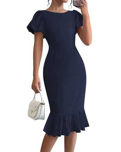BTFBM Women Formal Wedding Guest Cocktail Dresses 2026 Short Sleeve Ruffle Mermaid Work Bodycon Elegant Midi Summer Dress(Navy Blue, XX-Large) - Image 1
