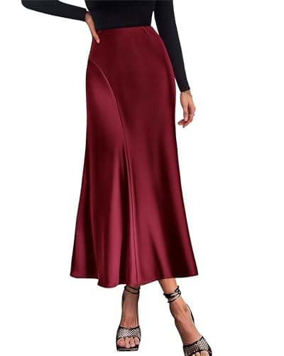 KIRUNDO Women Spring Summer Satin Maxi Skirt 2026 Trendy High Waisted Wedding Cocktail Party Work Silk A-Line Formal Skirts(Wine Red, Large) - Image 1