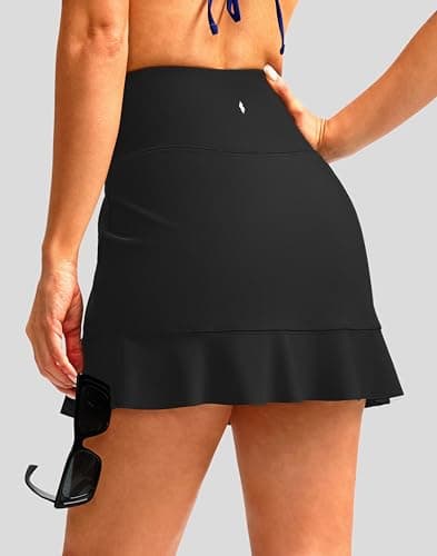 Soothfeel Women's Swim Skirt with Pocket High Waisted Ruffle Tummy Control Tankini Swimsuit Bathing Suit Bottoms (Black,S) - Thumbnail 2