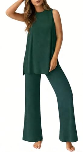 PrinStory Womens Pajamas Sets Lounge Sets for Women Sleeveless Pajama Set 2 Piece Pjs Soft Loungewear with Pockets Dark Green-M - Image 1