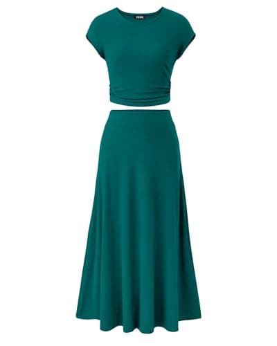 BTFBM Summer Outfits For Women 2026 Two Piece Sets Casual Crew Neck Short Sleeve Cropped Spring Tops Midi Skirt Lounge Set(Lake Green, Medium) - Image 1