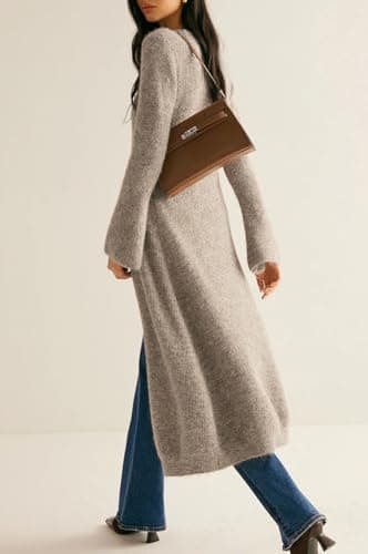 Jenisso Womens V-Neck Button Maxi Cardigan Bell Long Sleeve Open Front Split Breasted Sweater Dress Black - Thumbnail 3