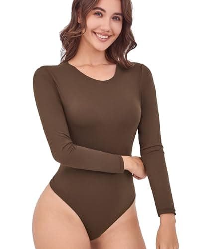 Camdoria Women Slimming Long Sleeve Bodysuit Crew Neck Double Layer Lightweight Tops - Image 1