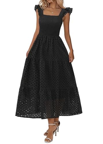 Lazysmile Womens Summer Maxi Dress Square Neck Ruffle Cap Sleeve Hollow Out Eyelet Smocked Tiered A Line Boho Sundress Black - Image 1