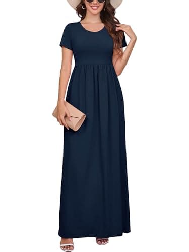 DEARCASE Maxi Dress for Women Navy Blue X-Large Crewneck Short Sleeves Wedding Guest A-line Casual Loose Party Vintage Spring Summer Beach Long Dresses with Pockets - Image 1