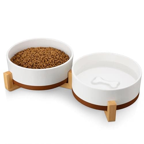 MALACASA Dog Bowls Set with Wooden Stand, 6 Cups Food Water Bowl Set for Medium to Large Size Dogs, Ceramic Pet Bowls with Weighted Non-Slip Base, Basic Bowls for Your Dog,58Oz - Image 1