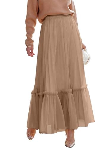 ANRABESS Maxi Skirts for Women Tulle Long Tiered Elastic High Waisted A Line Flowy Dressy Casual Skirt 2026 Fall Trendy Nutmeg Small - Image 1
