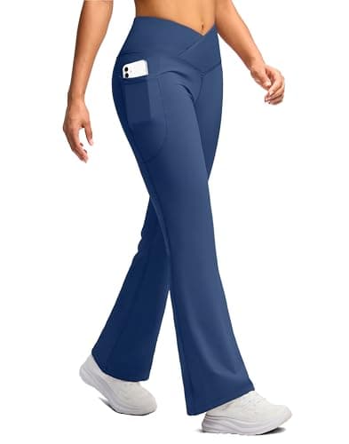 SANTINY Women's Fleece Lined Pants Crossover Yoga Pants High Waisted Bootcut Lounge Water Resistant Thermal Warm Flare Leggings for Women with Pockets 30 Inch(Blue_XXL) - Image 1