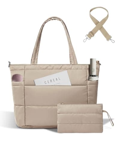 Moyad Puffer Tote Bag for Women, Quilted Work Bags with Compartments, Puffy Handbag for Everyday, Work, Travel, Gym, Khaki - Image 1
