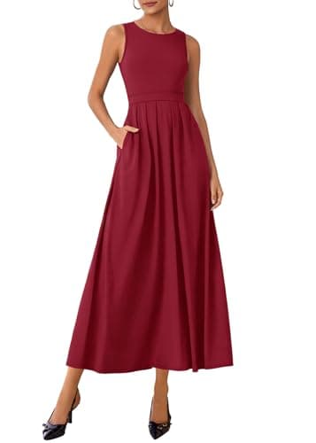 Lazysmile Summer Sleeveless Maxi Dresses for Women Mock Neck Pleated A Line Formal Cocktail Wedding Guest Dress Wine Red - Image 1
