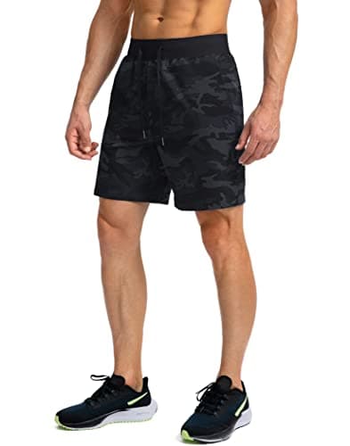 Men's Running Shorts with Zipper Pockets 7 Inch Lightweight Quick Dry Gym Athletic Workout Shorts for Men (Grey Camo, XL) - Thumbnail 2