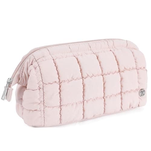 Telena Puffer Makeup Bags for Women, Nylon Puffy Padded Make Up Bags for Women Makeup Organizer Case, Wide-open Makeup Pouch Travel Essentials (Pink-2) - Image 1