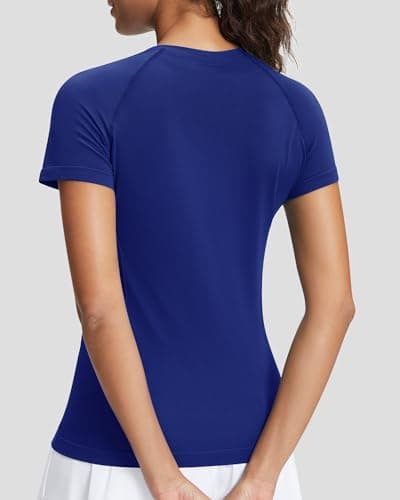 Stelle Women Seamless Workout Shirts Short Sleeve Athletic Top Yoga Gym Running T-Shirts(Navy,M) - Thumbnail 3