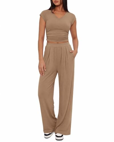 BTFBM Womens 2 Piece Outfits Spring 2026 V Neck Cap Sleeve Ruched Top Wide Leg Pants Sets Rib Knit Lounge Matching Set(Khaki, X-Large) - Image 1