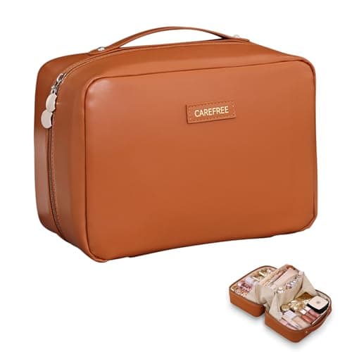 AUCCNT Travel Makeup Bag, Large Capacity Cosmetic Bags for Women, Waterproof Portable Pouch Open Flat Toiletry Bag Make up Bag, Brown - Image 1