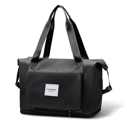 WOOMADA Foldable Travel Duffel, Weekender Bag with Expandable Space, Carry-On for Airplanes, Gym Bag for Women, Lightweight (Black) - Image 1