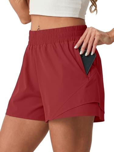 PrinStory Athletic Shorts for Women High Waisted 2 in 1 Running Quick Dry Gym Workout Shorts with Zipper Pockets Red-L - Image 1