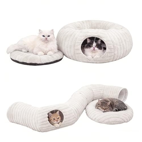 Dogpals Ultra-Soft Cat Tunnel Bed - Soft Washable Cushion, Peekaboo Hideaway Cave for Indoor Cats, Kittens, Puppies, and Rabbits - Deluxe Upgraded with Luxurious Striped Hare-Feel Fabric (White)