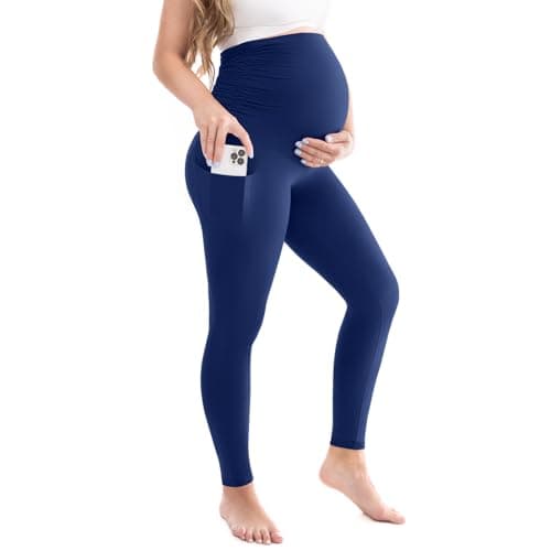 Leafigure Womens Maternity Leggings with Pockets, Pregnancy Buttery Soft Yoga Workout Pants Navy Large - Image 1
