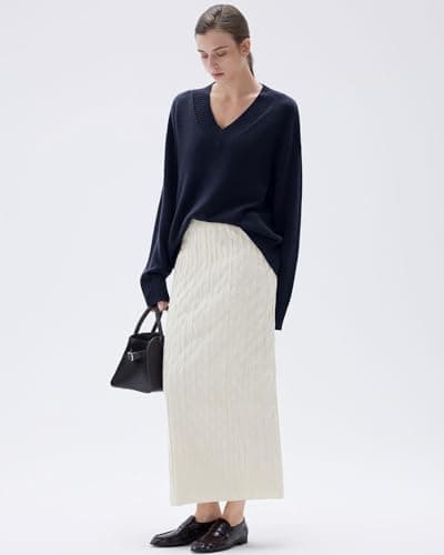 SUUKSESS Women Cashmere Oversized Sweaters V Neck Pullover Tops Fall Winter Long Sleeve Jumpers (Navy Blue,L) - Thumbnail 3