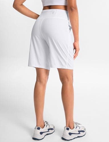Cyasundent Women's 9" Bermuda Shorts with Zipper Pocket High Waisted Shorts for Women Casual Walking Yoga Workout(White_M) - Thumbnail 2