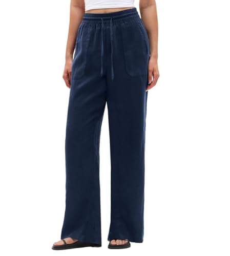 SEMARO Wide Leg Palazzo Pants for Women Casual Drawstring Flowy Beach Linen Trousers with Pockets Vacation Navy Blue - Image 1