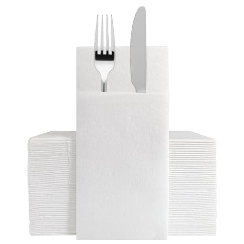 50-Pack White Cloth-Like Disposable Napkins - Linen Feel Dinner Napkins with Flatware Pocket for Weddings, Parties & Holidays - Image 1