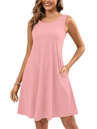 KORSIS T-Shirt Summer Dress for Women Casual Tank Dresses Sleeveless Swing Flowy Loose Ladies Beach Vacation Sundress with Pockets Pink S - Image 1