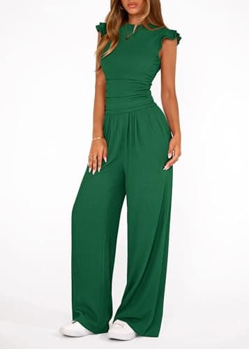 KIRUNDO Two Piece Sets For Women Summer 2026 Casual Cap Sleeve Crop Tops Wide Leg Pants Matching Set Travel Vacation Outfits(Green, Small) - Thumbnail 4