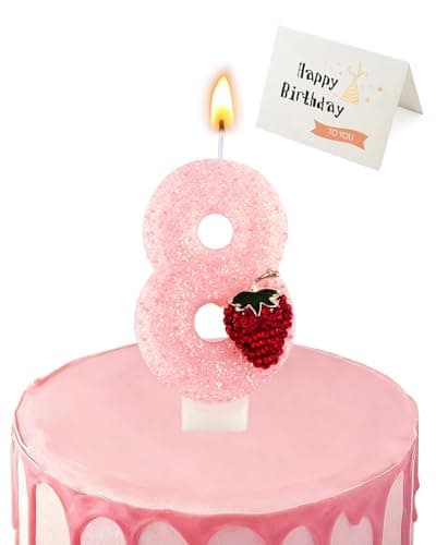 Birthday Candles for Cake, Pink Number Candles, Cake Candles with Greeting Card for Birthday Party Wedding Anniversary Celebrations (Strawberry 8 Candle) - Image 1