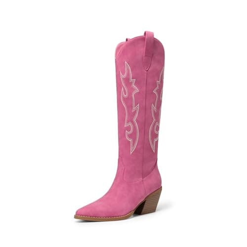 DREAM PAIRS Cowgirl Boots Women Knee High Cowboy Boots Pointed Toe Chunky Block Heel Suede Tall Western Boots with Embroidered,Size 8,Hot Pink,SDKB26001W - Image 1
