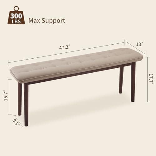 Jimenuco 47'' Solid Wood Dining Bench with Cushion, Faux Leather Upholstered Bench for Dining Room Table, Kitchen, Entryway, or Bedroom End of Bed, Beige - Thumbnail 3