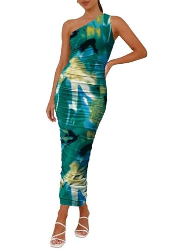 PRETTYGARDEN Women's One Shoulder Bodycon Dresses Summer 2026 Ruched Floral Beach Cocktail Wedding Guest Dress(Green Floral,XX-Large) - Image 1