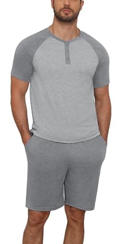 NITAGUT Mens Pajama Set 2 Piece Henley Sleepwear Lightweight Short Sleeve Loungewear Soft Comfy Sleep Set with Button,Dark Grey S - Image 1