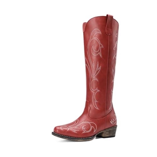 DREAM PAIRS Womens Cowboy Boots Comfortable Cowgirl Knee High Boots Pull On Side Zipper Chunky Heel Embroidered Western Boots,Size 8,Red,DWUMKB2502 - Image 1