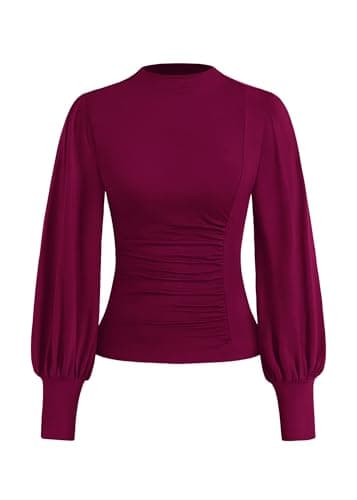 KIRUNDO Blouses for Women Dressy Casual 2026 Spring Tops Fall Puff Long Sleeve Shirts Fitted Mock Neck Ruched Trendy Tops(Burgundy, Medium) - Image 1