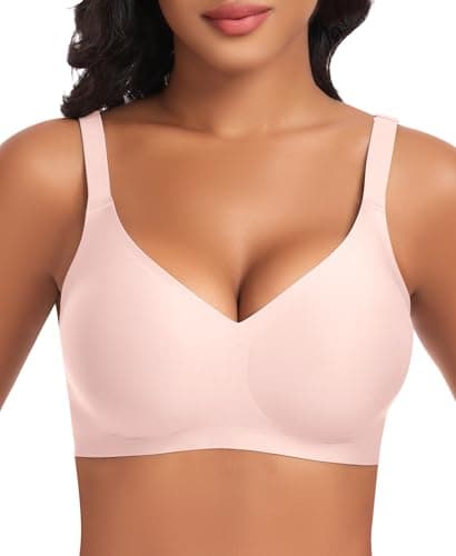 Wireless Jelly Bras for Women V Neck Seamless No Underwire Tshirt Bras Comfortable Padded Bralettes Everyday Bra with Support(A1#Pink(v Neck),Large) - Image 1
