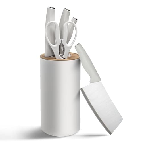 5-Piece Knife Block Set, Lightweight Stainless Steel Kitchen Knives Set with Scissor, Removable Drain Block, Home Apartment New Kitchen Essentials (Beige White) - Image 1
